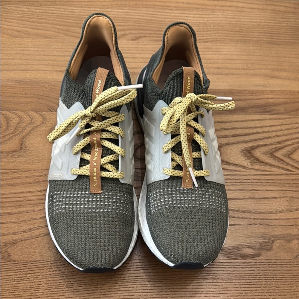 Adidas Wood Wood x UltraBoost 19 Olive Green and White Athletic Sneakers